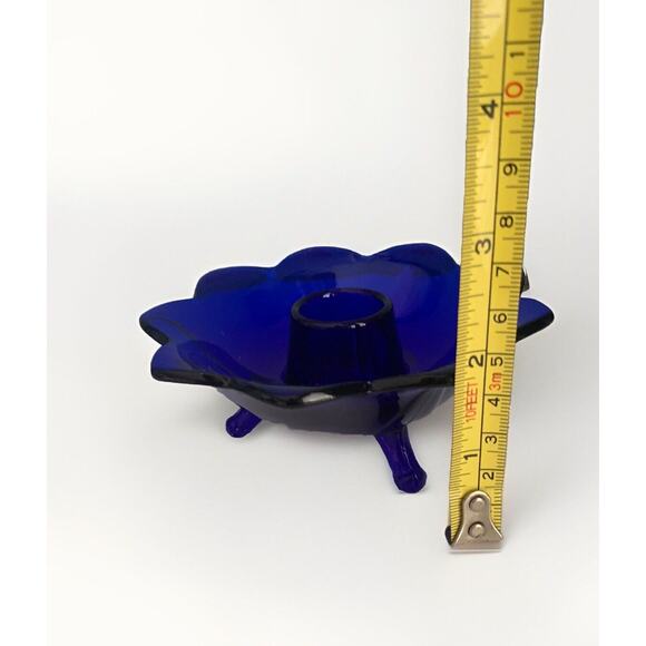 Fenton Cobalt Blue Glass Lotus Candlestick Holder Flower Vintage Home Decor - Picture 9 of 10